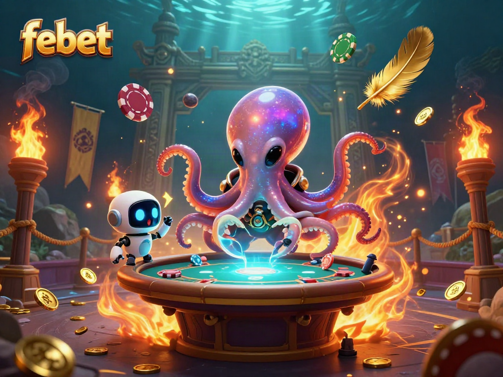 Engage with febet through a vivid 3D scene of an octopus poker master and a robot companion.