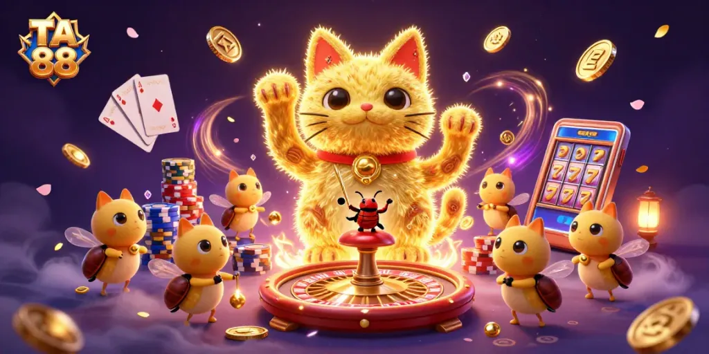 Experience the magic of TA 88 with a charming lucky cat illustration amidst casino symbols and golden treasures.