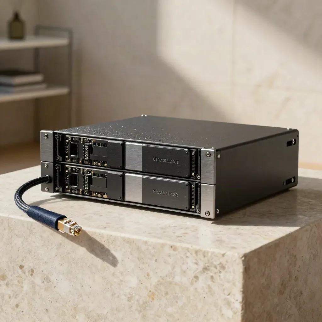 Server chassis with SSD caddies and ethernet cable on pale stone in rainlit studio