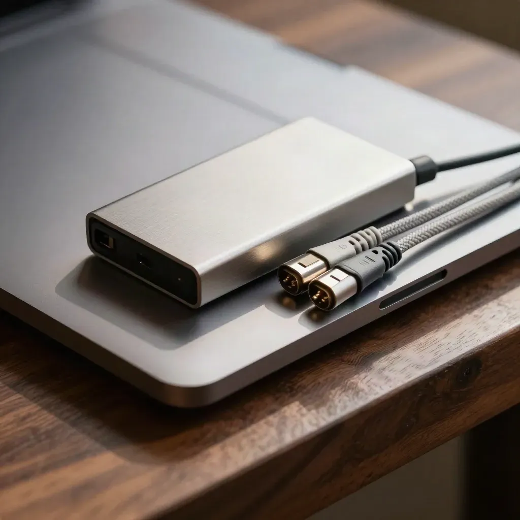 Closed laptop, backup drive, and wrapped patch leads on walnut with dramatic shadow