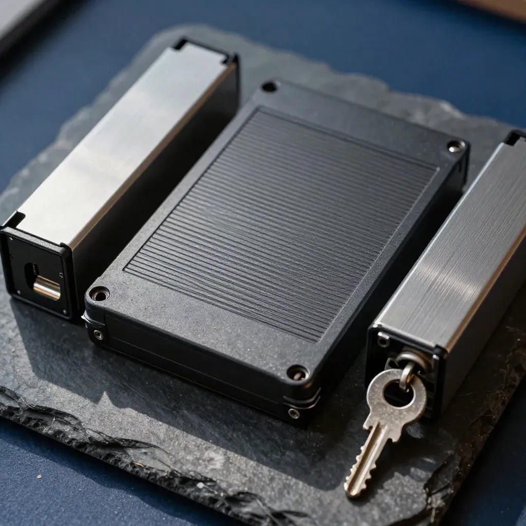 Backup tape cartridge, drive bays and vault key on dark slate, extreme macro.