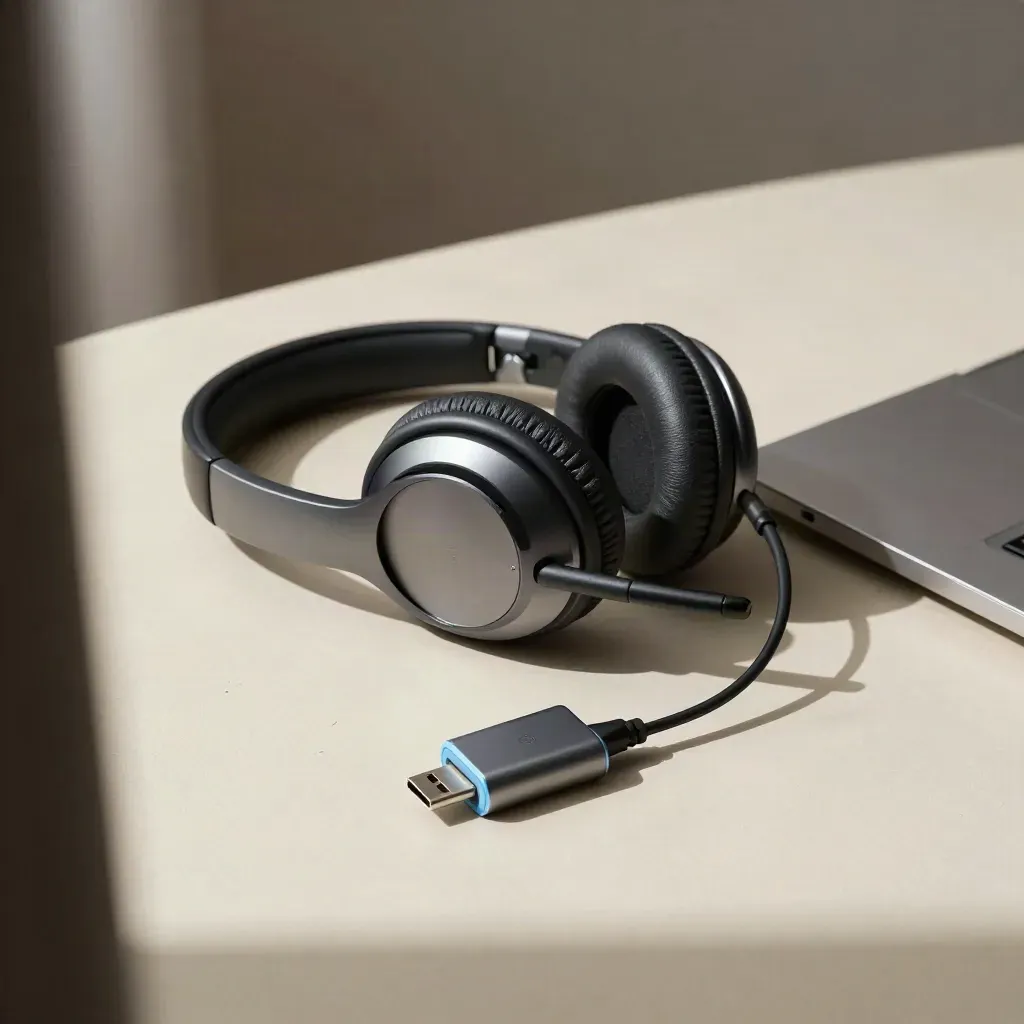 Headset, USB-C adapter, closed laptop and docking hub on cream plaster in moody light