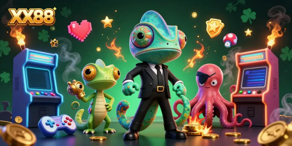 Engage with XX88 as the colorful casino-themed scene showcases a secret agent chameleon and gadgets.