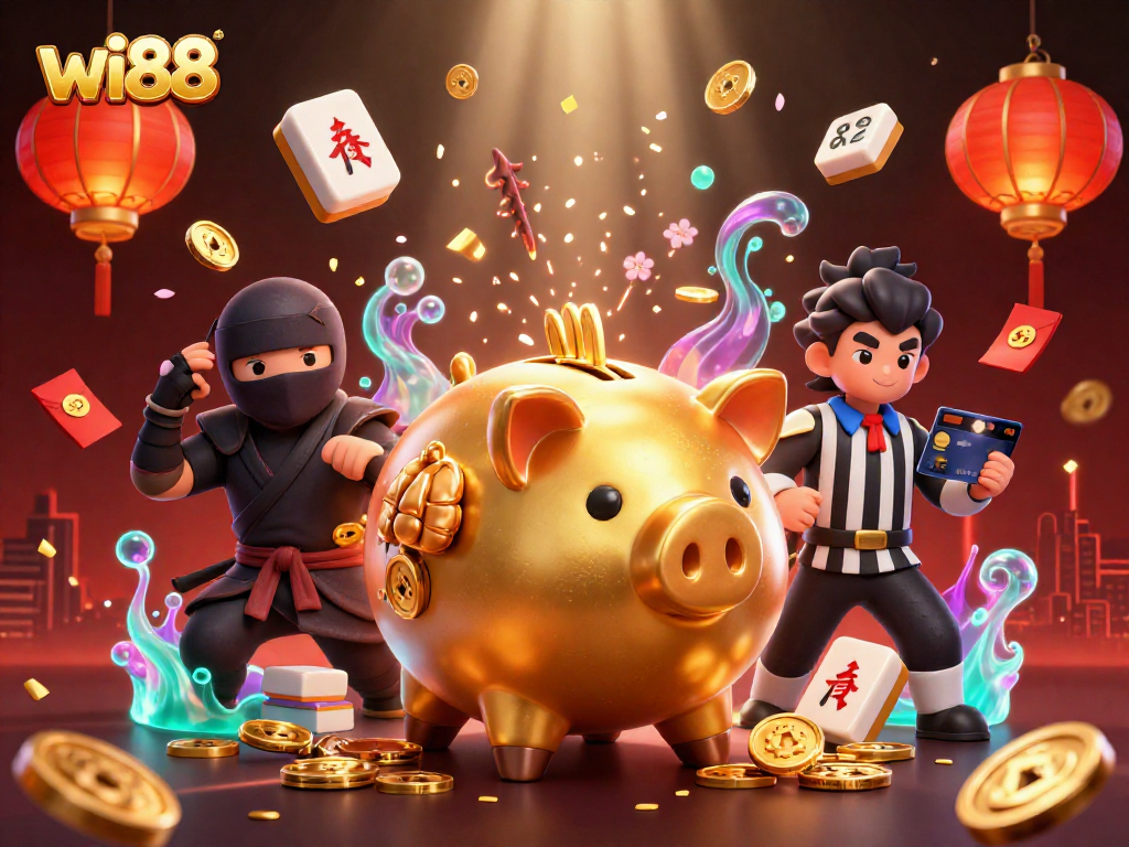 Experience the vibrant action at wi88, where golden piggy banks and samurai clash in an exciting casino themed scene.