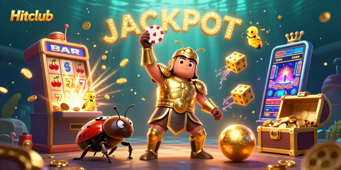 Hitclub showcases excitement with a 3D hercules beetle winning a jackpot in a vibrant casino scene.