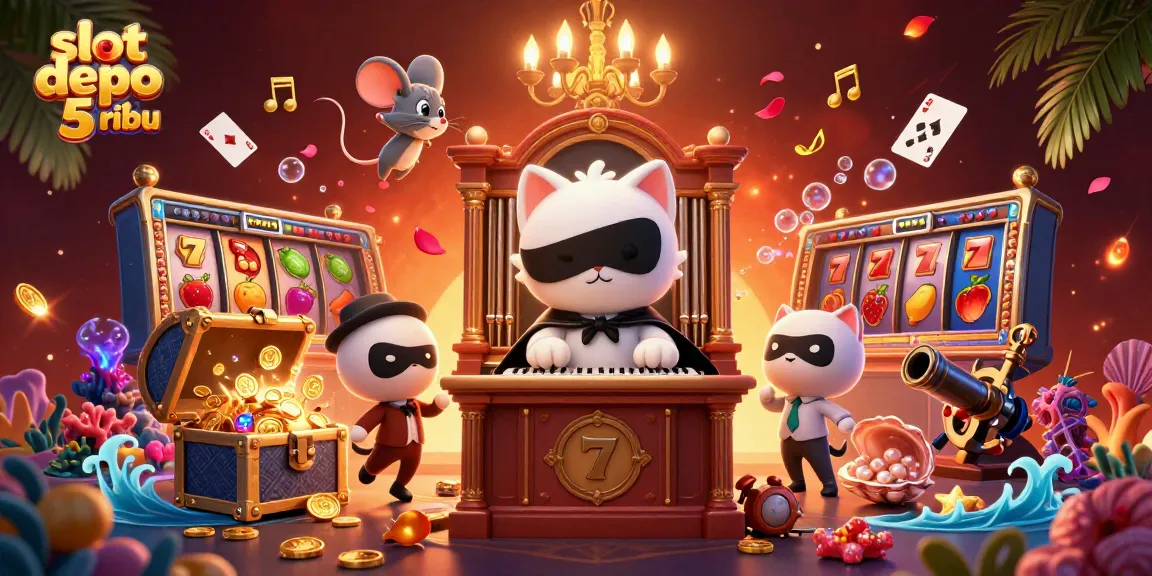 Engage with slot depo 5 ribu, where a phantom cat plays organ amidst vibrant casino visuals.