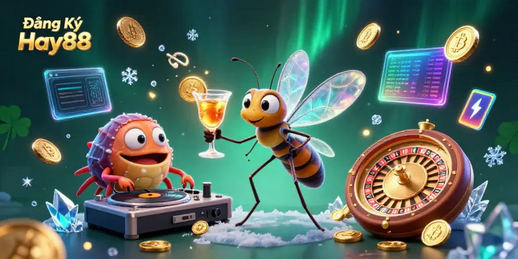 Engage with Đăng Ký Hay88 through a vibrant casino scene featuring unique characters and elements, emphasizing fun.