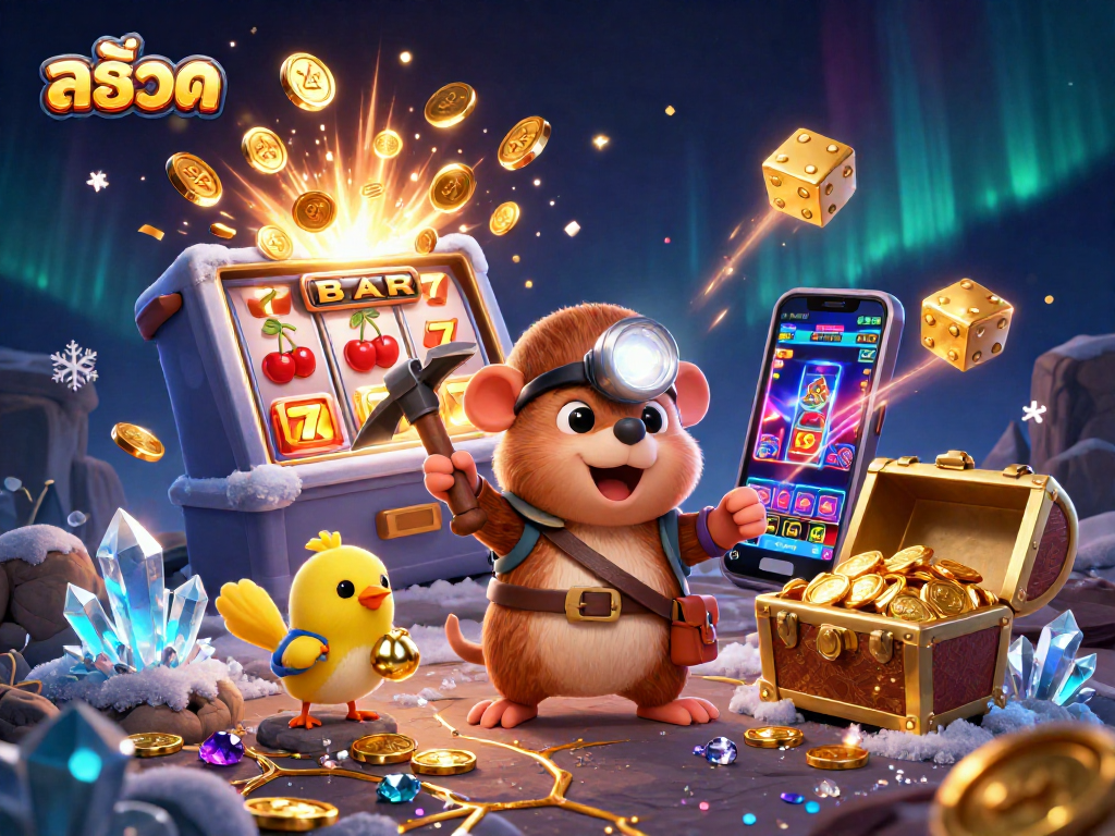 Spin สล็อต and win big with this exciting treasure hunt scene featuring a mining mole and treasures!