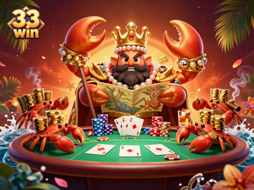 Experience the thrill of gambling with 33 win amidst a lively casino scene featuring vibrant poker elements.