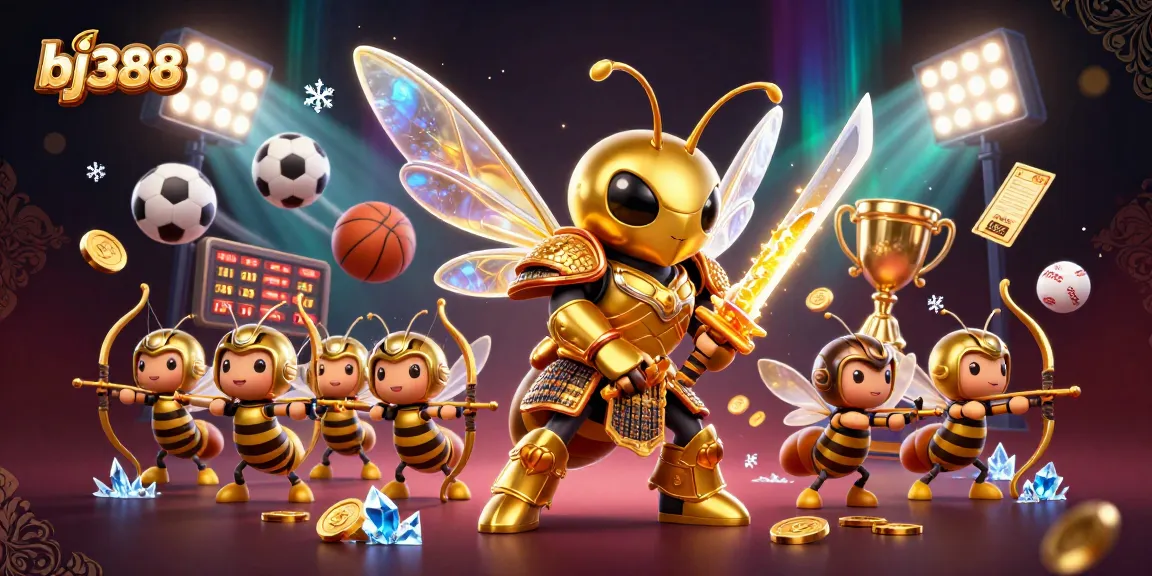 Bet on bj388 with an animated hornet samurai and sports elements illuminating excitement.