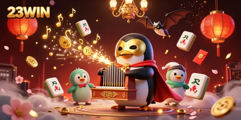 Engaging illustration of the 23WIN casino theme featuring animated characters and gold elements.