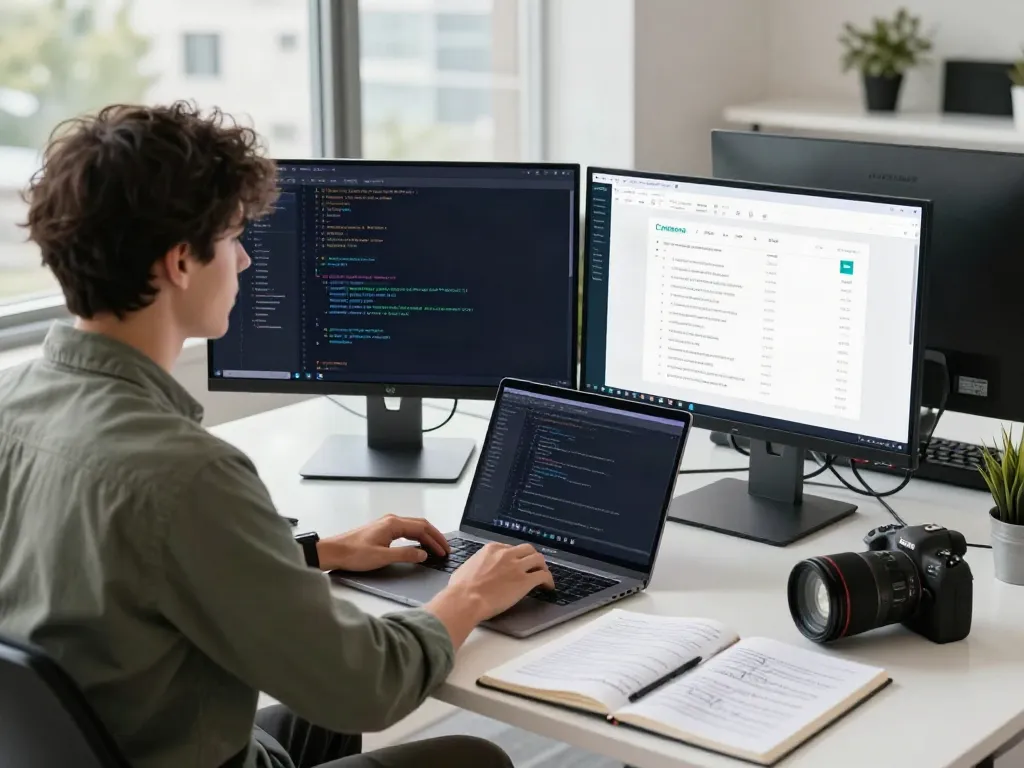 Developer working on instant indexing tools at a sleek tech workspace.