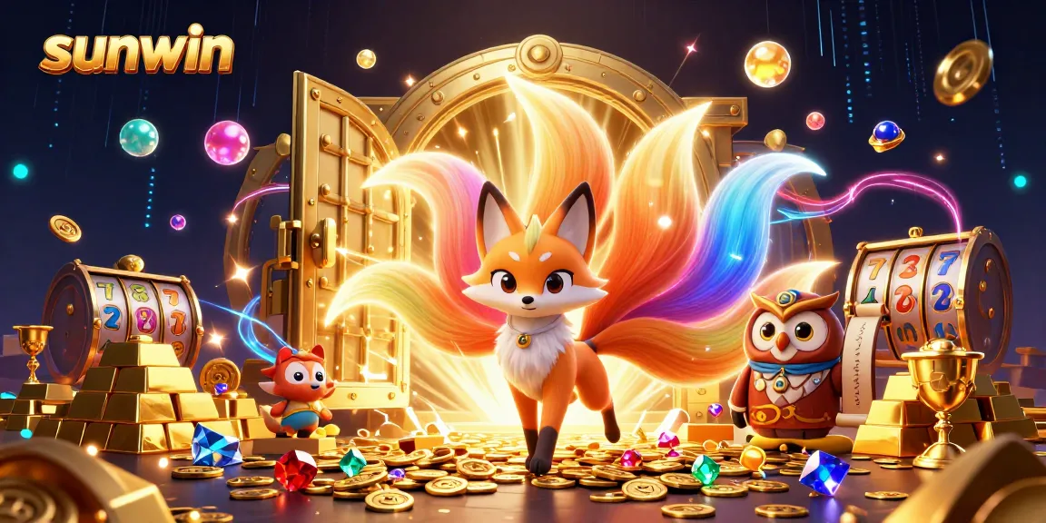 Spin with sunwin's colorful nine-tailed fox spirit and treasures in this vibrant casino scene!