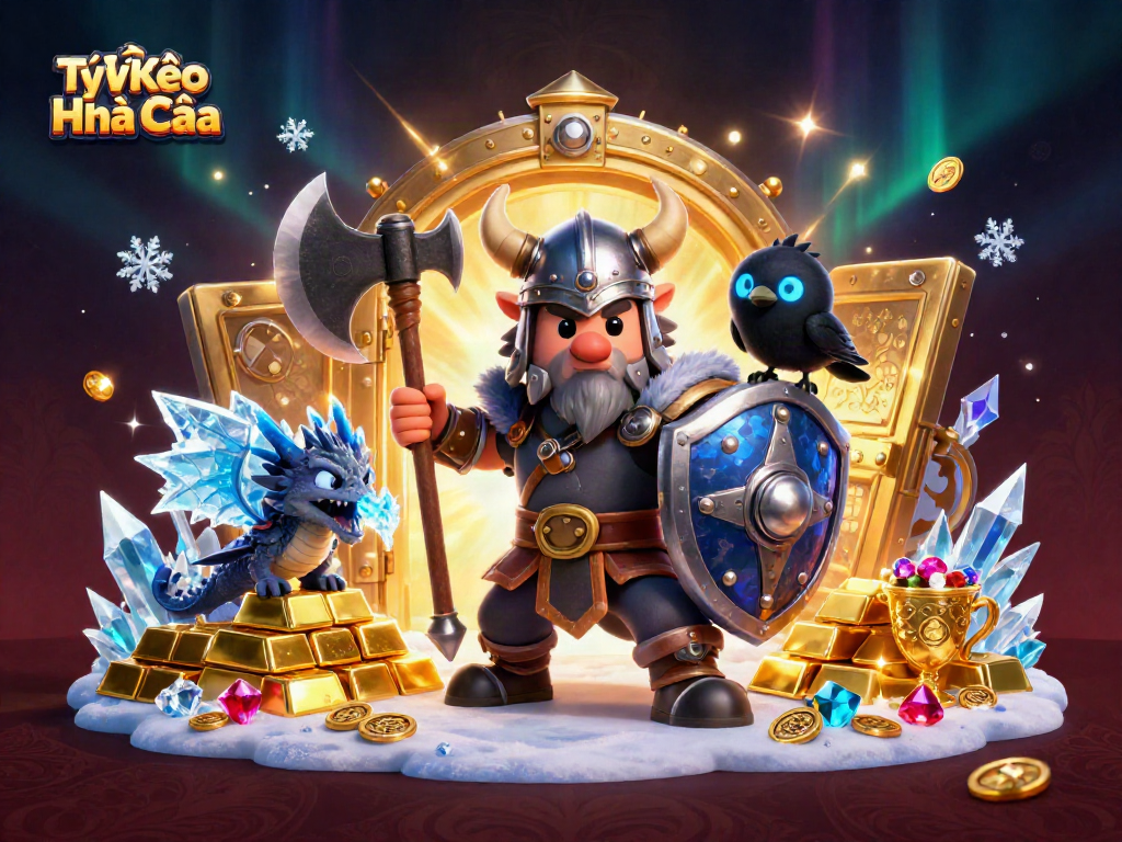 Experience the thrilling Tỷ lệ Kèo Nhà Cái with a Viking wolf warrior, fierce dragon, and treasure in a dynamic casino scene.