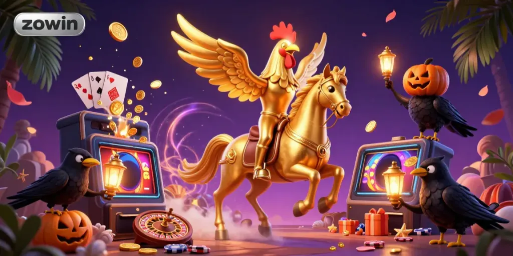 Zowin's vibrant casino scene features a golden rooster headless horseman, showcasing colorful slot games and festive elements.