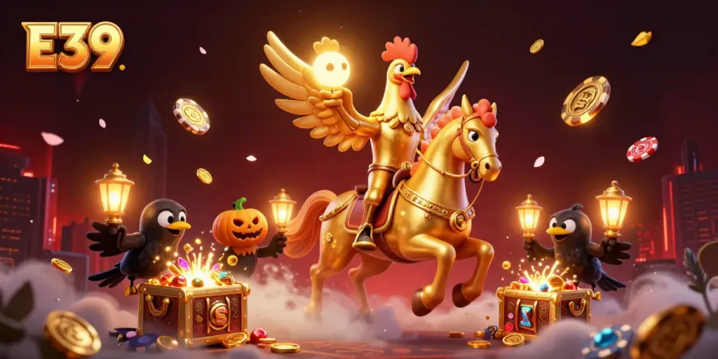 E39 offers an exciting casino experience with a golden rooster riding through a vibrant gaming scene.