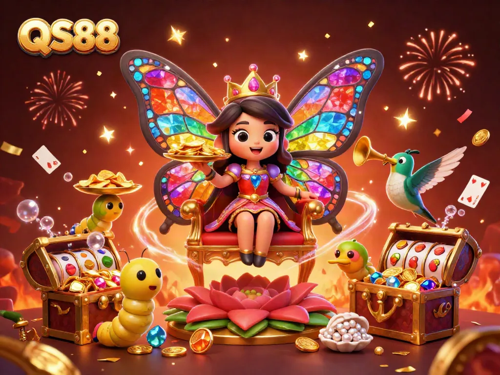 Experience the excitement of QS88 with unique characters and vibrant casino elements in a magical scene.