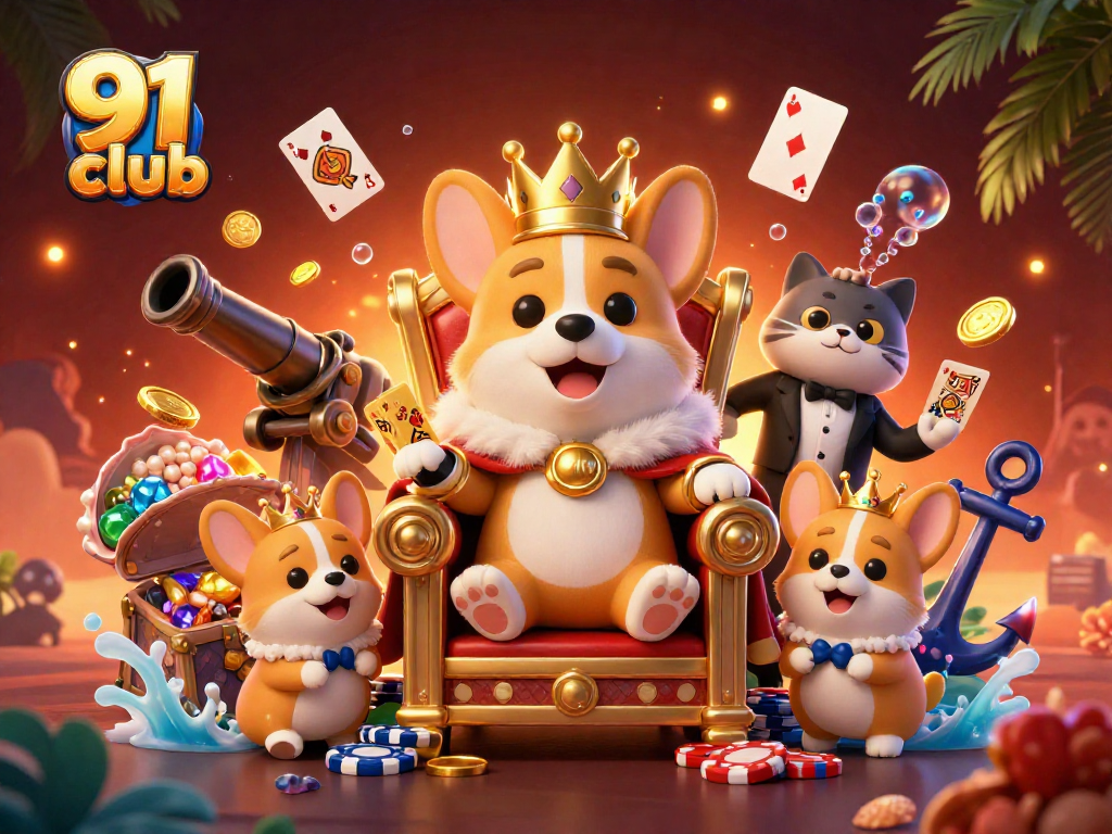 Experience the thrill of 91 club's royal gaming adventure with vibrant characters and casino elements.