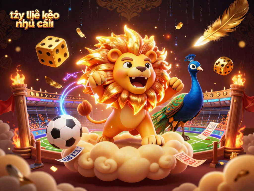 Engage with tỷ lệ kèo nhà cái through dynamic sports betting illustration featuring a roaring sun lion.