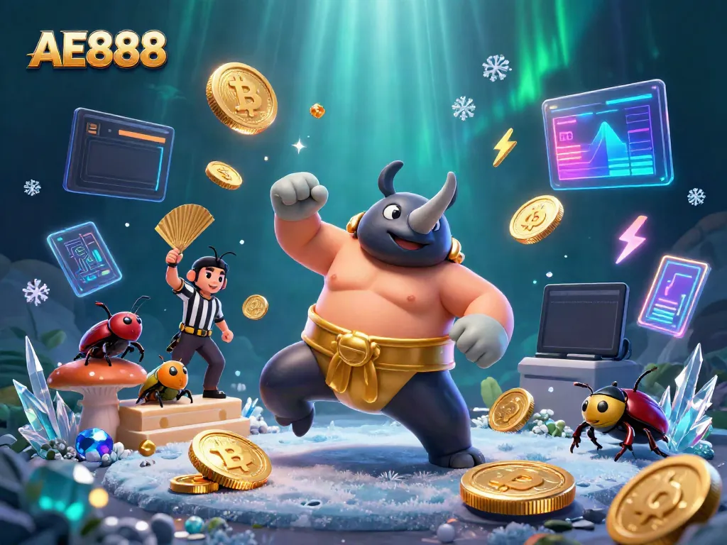 Experience AE888 with a dynamic scene featuring a rhinoceros beetle sumo champion amidst flying coins!