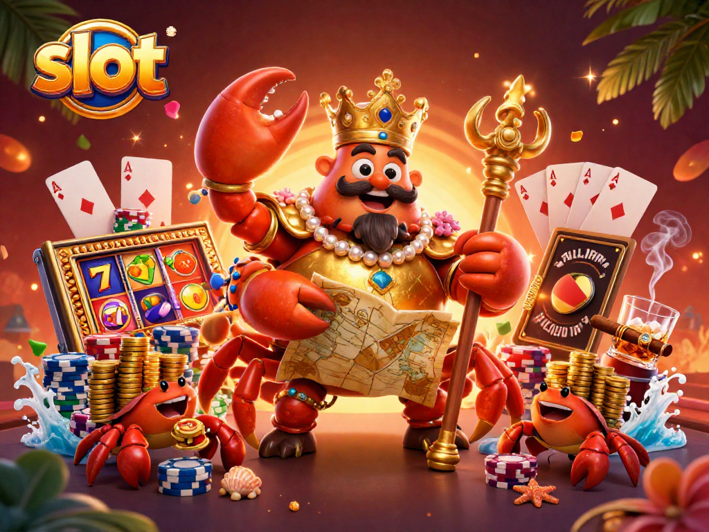 Win on slot machines with a golden crab emperor, colorful reels, and dynamic casino elements.