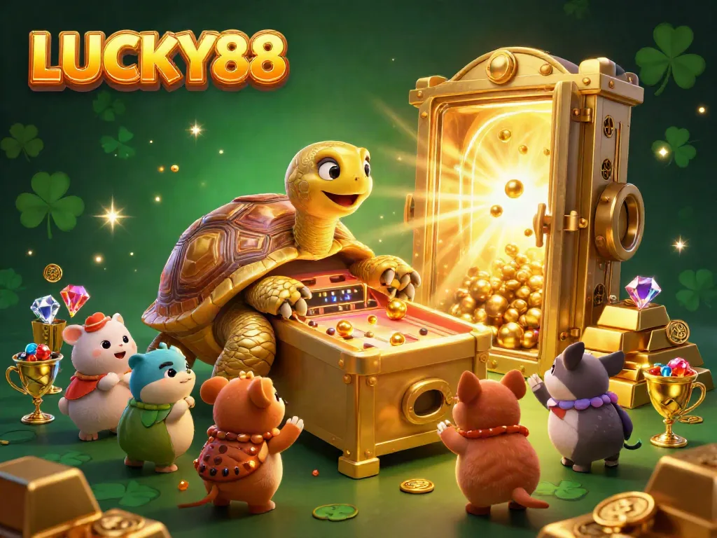 Engage in thrilling gaming at LUCKY88 with a vibrant golden tortoise pinball scene filled with treasures.