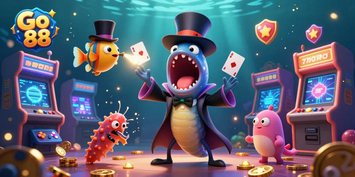 Experience exhilarating moments at Go 88 as a magical sea creature entertains with card tricks amidst casino delights.