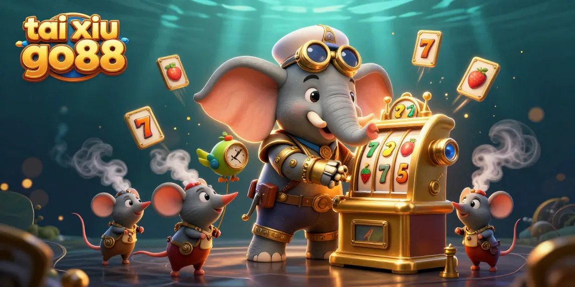 Tai xiu go88 showcases a thrilling slot machine scene with a steampunk elephant engineer and dynamic gaming elements.