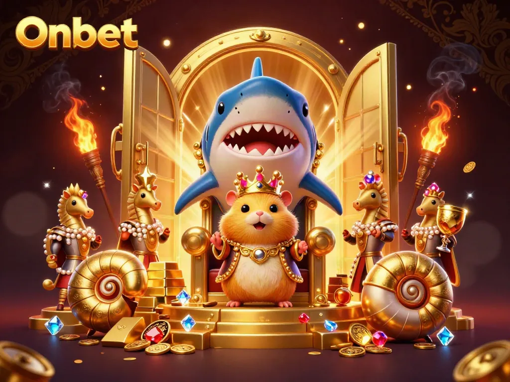 Onbet casino scene featuring a fierce hamster king on a shark throne surrounded by treasure and gaming elements.