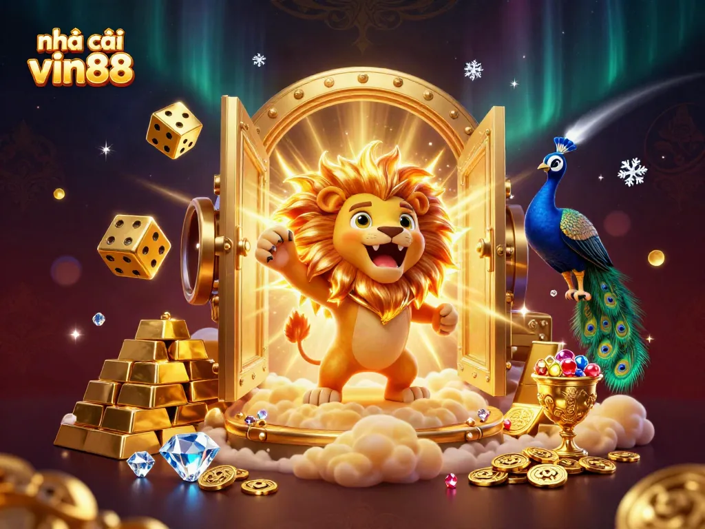 Experience thrilling action with nhà cái vin88 featuring a cartoon lion and golden treasures in a 3D casino scene.