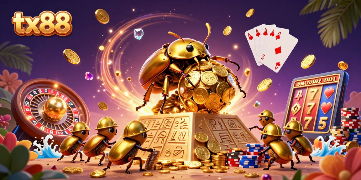 Experience thrilling gameplay with tx88 featuring golden coins, casino symbols, and vibrant character design.