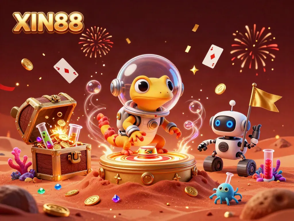 XIN88 showcases a dynamic 3D illustration of a Martian gecko and robot in a vibrant casino scene with underwater treasures.