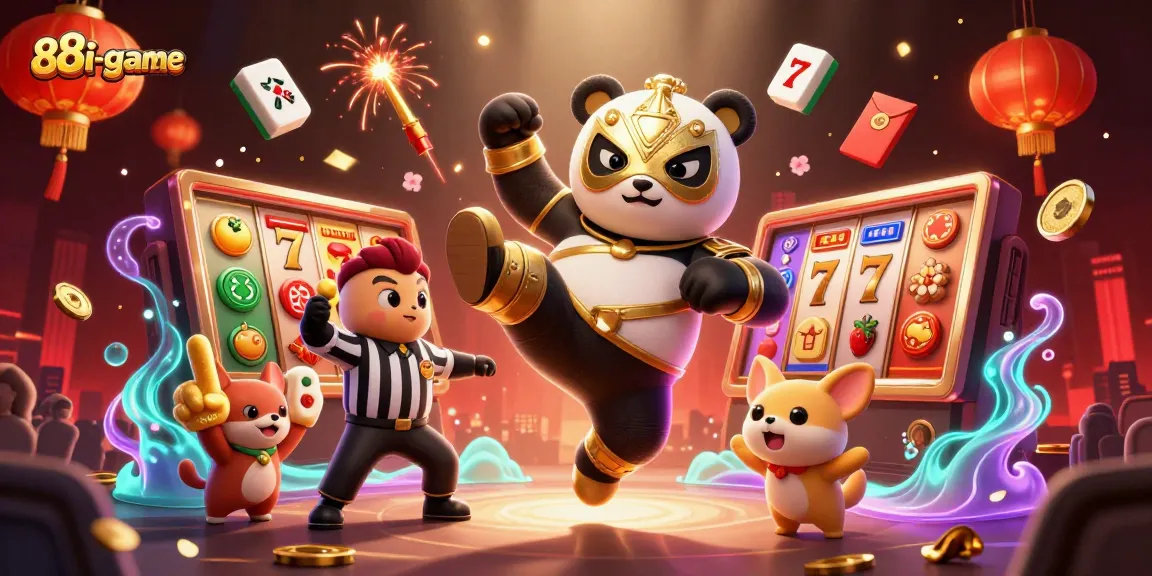 Watch the 88i-game action as a professional wrestler panda takes a flying kick in a vibrant casino scene.