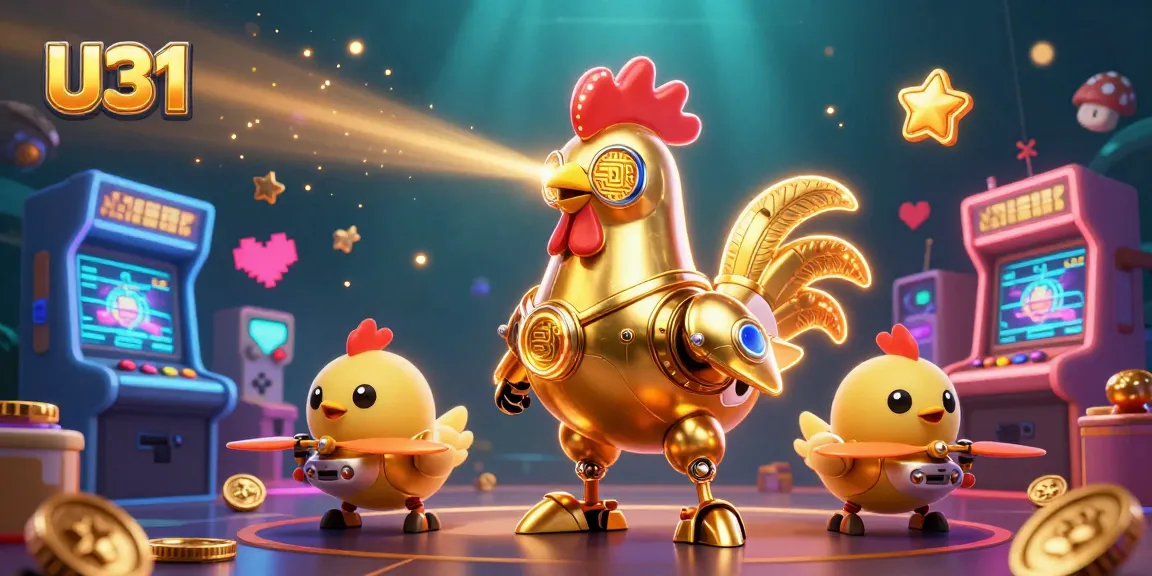 Engage in thrilling gameplay at U31, where colorful game elements and the golden rooster robot create an exhilarating atmosphere.