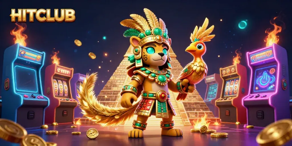 Engage in thrilling gaming at HITCLUB with a vibrant 3D casino illustration featuring exciting slot symbols.