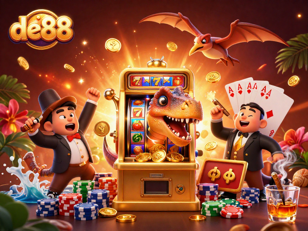 de88 casino illustration showing a pachycephalosaurus winning a jackpot, surrounded by vibrant slot elements.