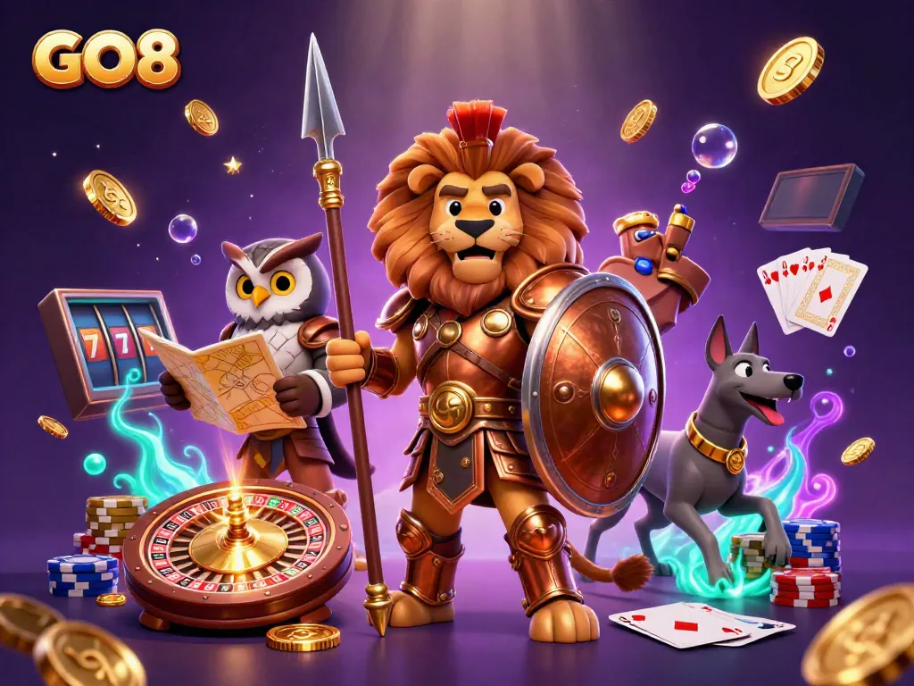 Spin to win with GO8 as a Spartan lion, owl strategist, and greyhound explore a vibrant casino scene.
