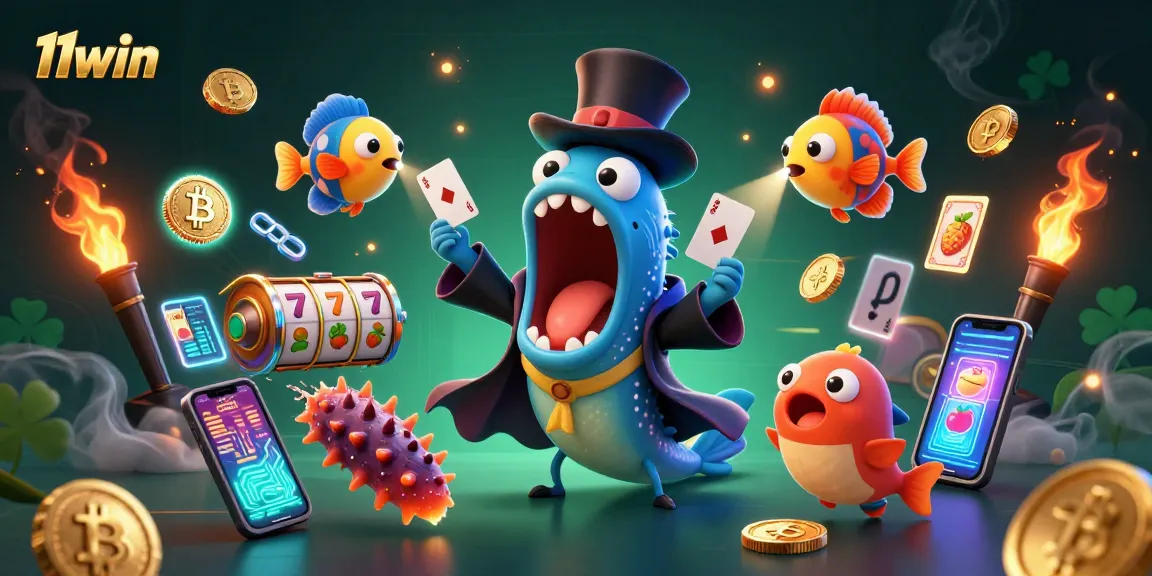 Engage with 11win's magical card tricks in a vibrant 3D casino scene featuring unique underwater characters.