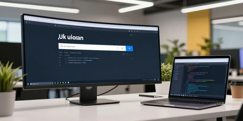 .uk domain search interface in a modern developer workspace with programming elements.