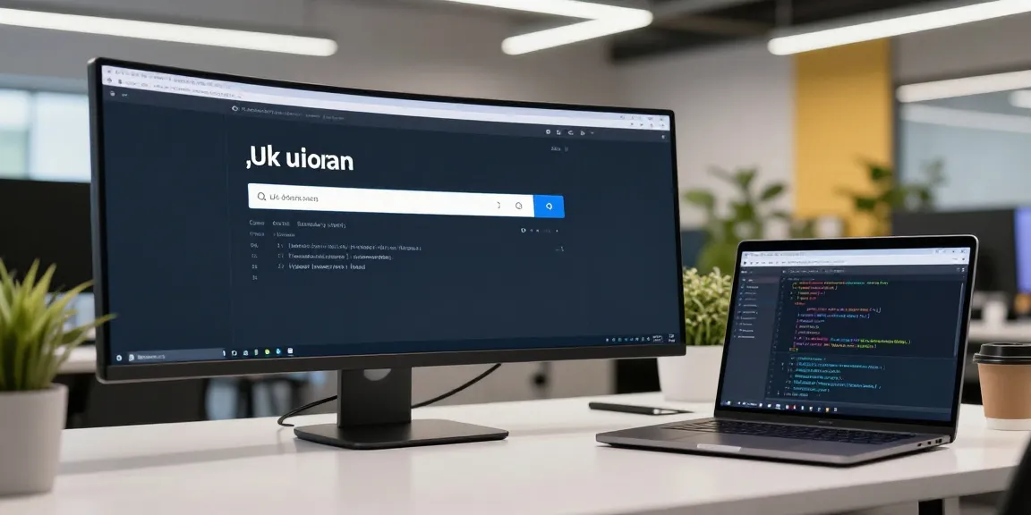 .uk domain search interface in a modern developer workspace with programming elements.