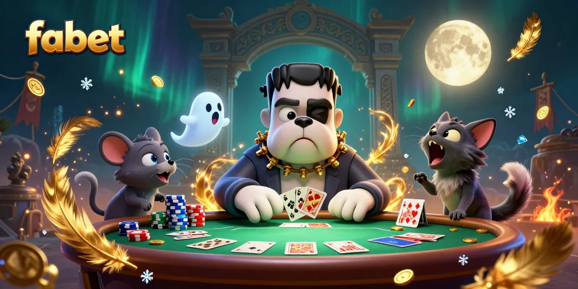 Join the fabet table with a 3D Frankenstein bulldog dealer in a thrilling poker scene.