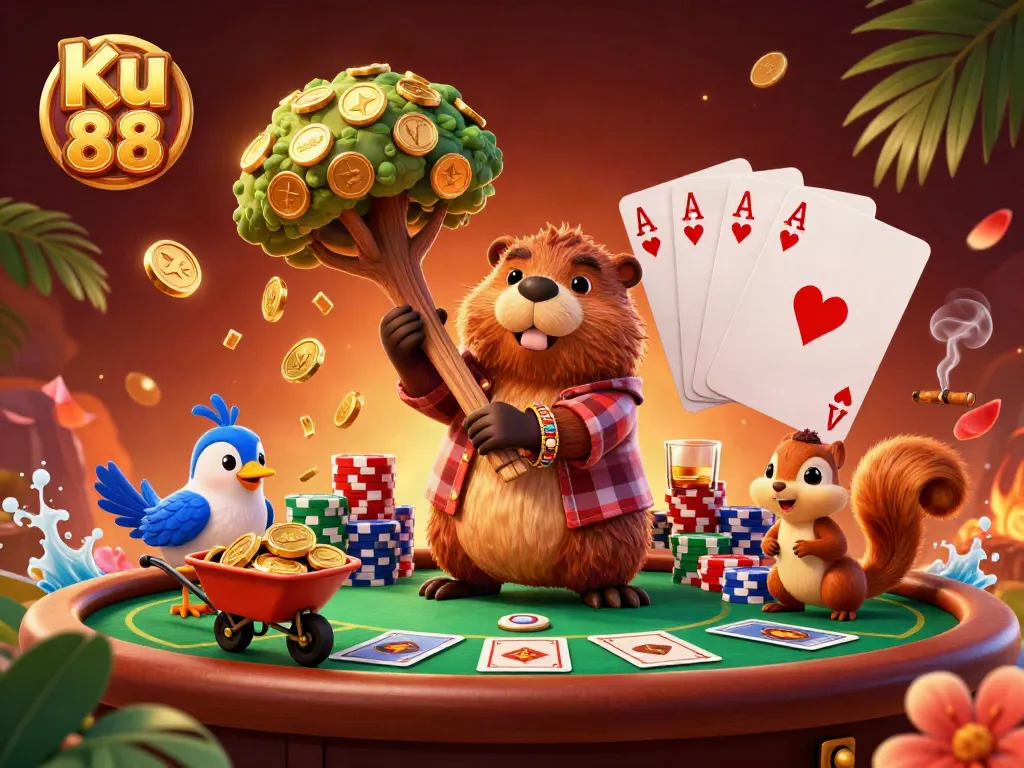 Join the excitement at Ku 88 with a vibrant scene of cartoon characters celebrating casino wins.
