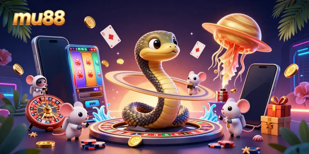 Experience the thrill of gaming with mu88's cosmic casino illustration featuring interactive elements.