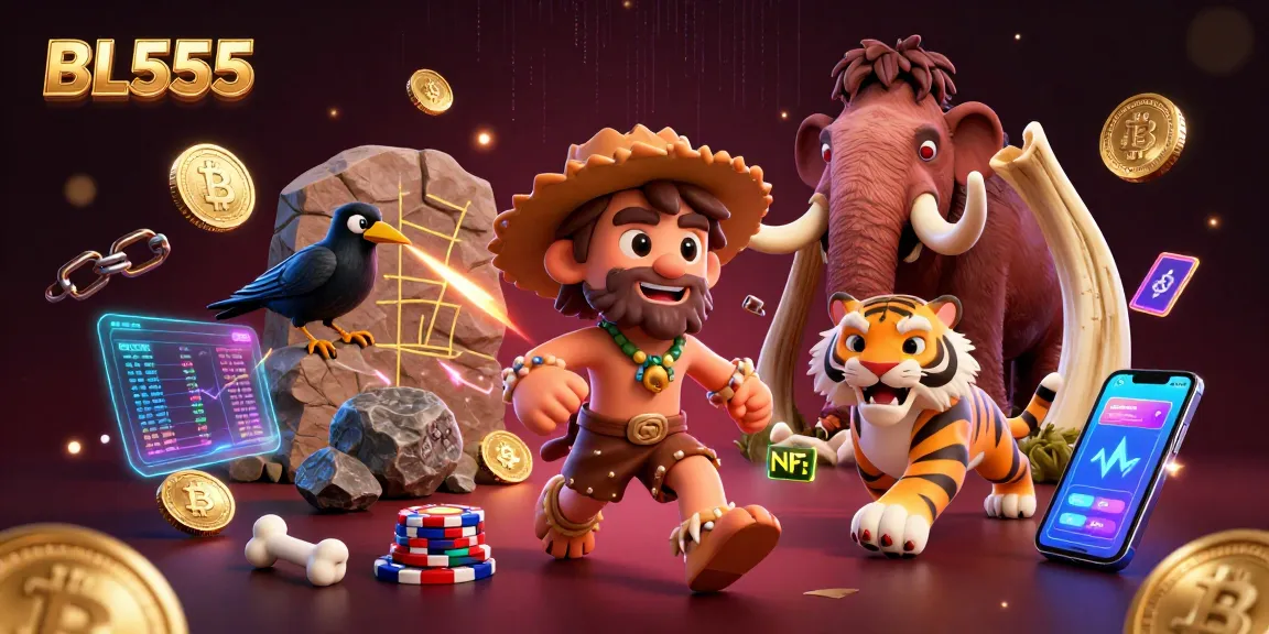 Experience BL555 gaming with a vivid illustration of a prehistoric casino scene including stones and crypto coins.