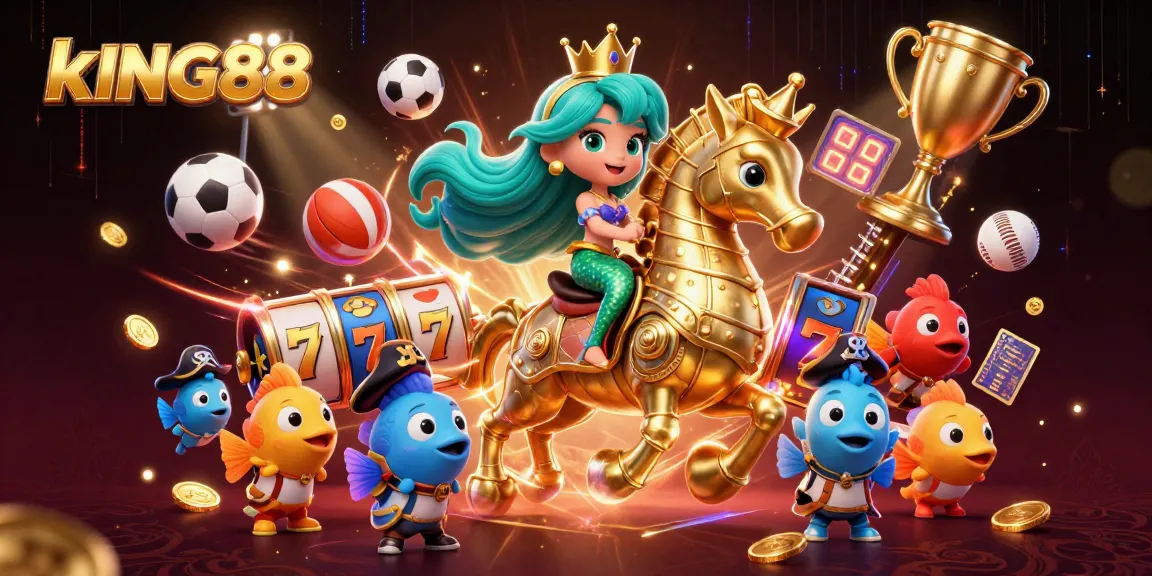 Experience the thrill of kING88 slot games with our vibrant 3D mermaid illustration catching jackpots.