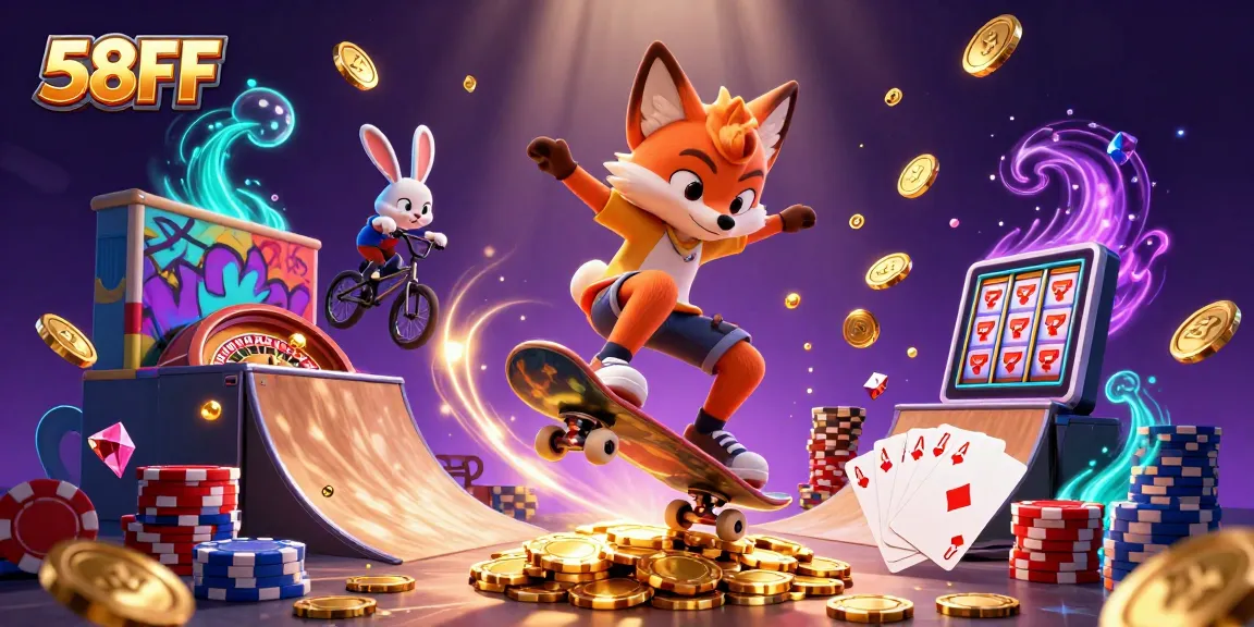 Experience thrilling gameplay at 58FF with dynamic characters, shimmering coins, and casino elements.