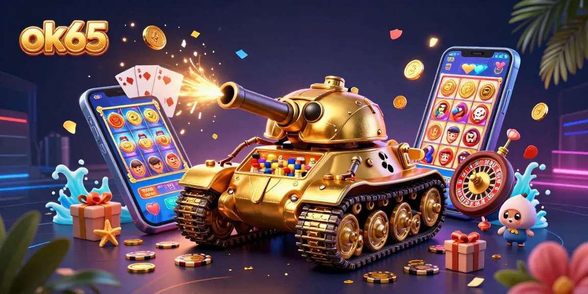 Engage in the captivating world of ok65 casino gaming with animated 3D visuals of a golden beetle tank casino.