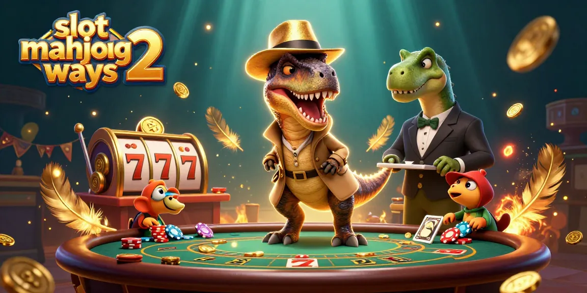 Engage in high-stakes fun with slot mahjong ways 2, featuring playful dinosaurs at a vibrant casino.