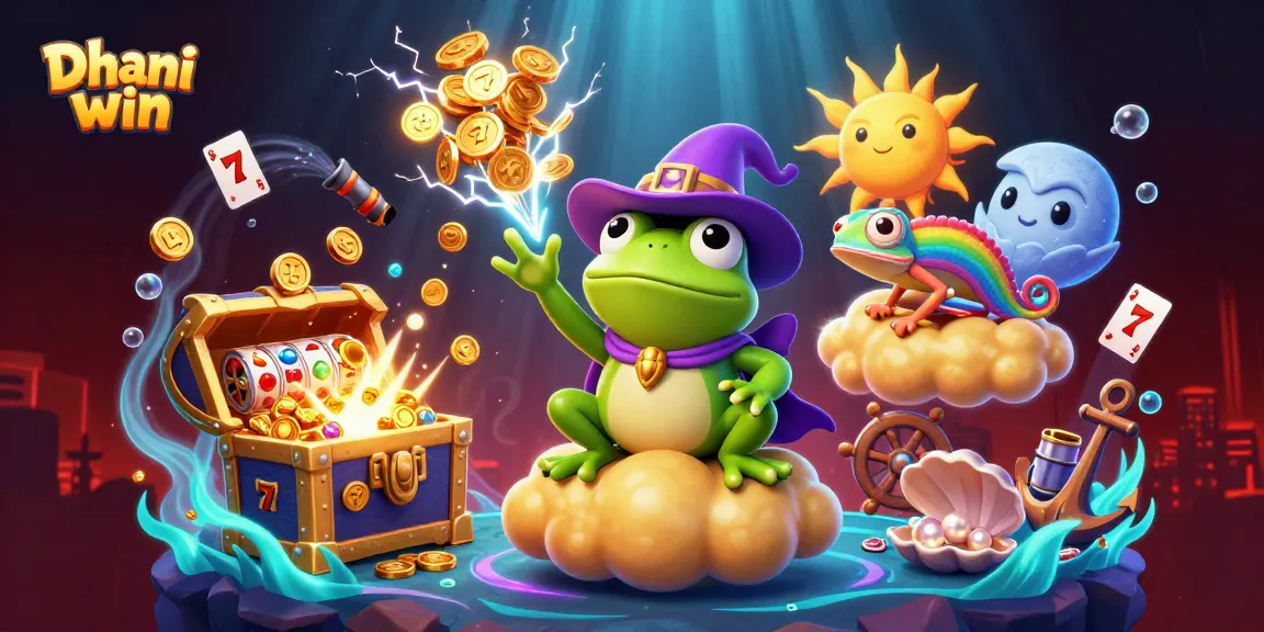 Dhani win players enjoy a vibrant underwater casino scene with golden coins, slot reels, and whimsical characters.