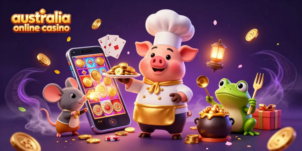 Winning strategies at australia online casino revealed through a vibrant 3D casino chef scene.